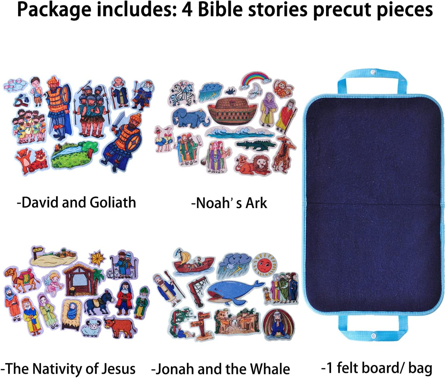 Flannel Board Bible Stories Set of 4 Include: Noah's Ark, Jonah and The Whale, David and Goliath, The Nativity of Jesus