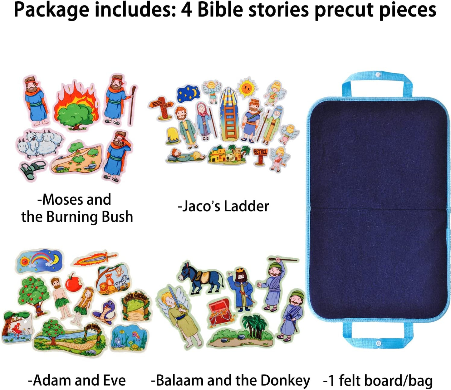 Flannel Board Bible Stories Set of 4 Include: Adam and Eve, Jacob's Ladder, Moses and The Burning Bush, Balaam and The Donkey